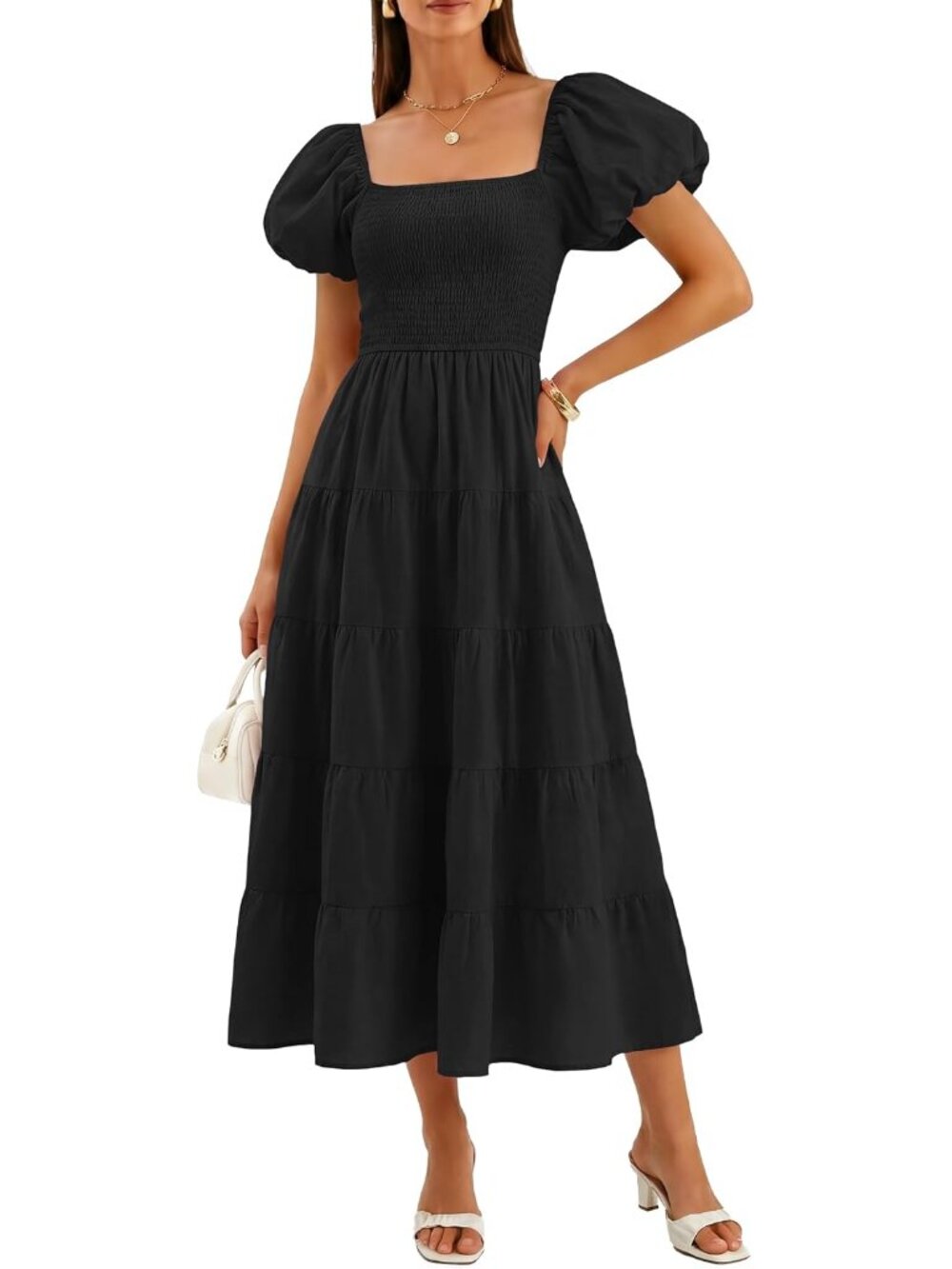 Women Summer Puff Sleeve Boho Wedding Guest Midi Dress | High Wasit, Backless, F